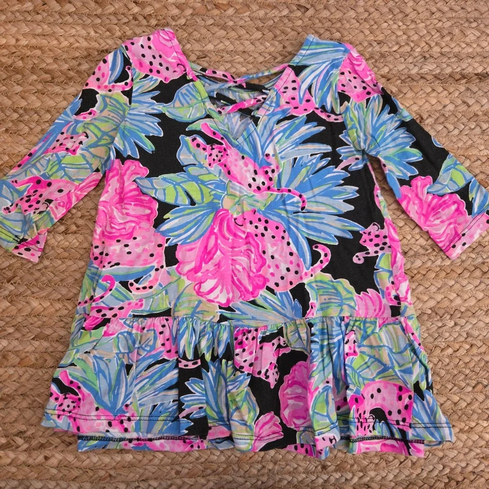 Lilly Pulitzer Girls Dress Pink Blue Tropical Leopard Print Ruffle Pocket 2T